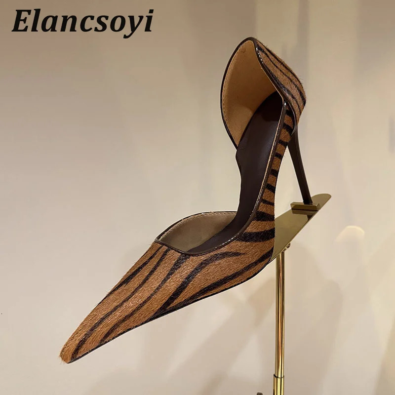 Pumps Womens Horsehair Zebra Pattern High Heels Shoes Shallow Mouth Pointed Toe Thin Single Sexy Commuter 260514