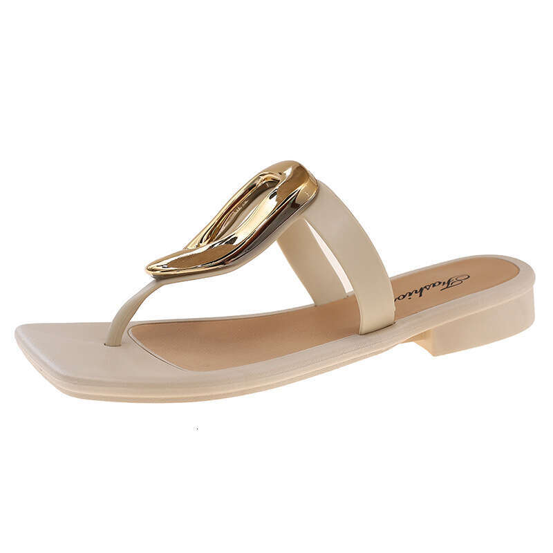 New Square-Toed Open-Toed Flip-Flops for Women, Summer Outdoor Fashionable Versatile Casual Metal Buckle Niche Sandals