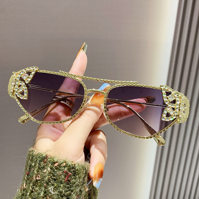 Luxury brands designer 2026 New Womens Trendy Double Bridge Sunglasses Butterfly Rhinestone Polygon Metal Frame UV400 Anti-UV Shades for Party Streetw