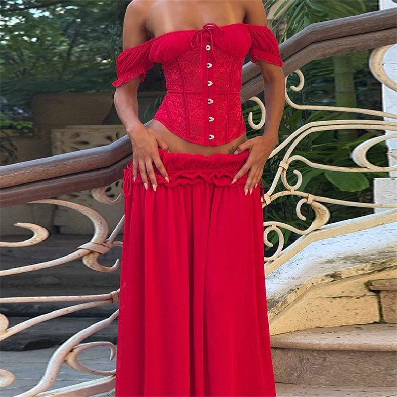 Elegant Boho Spanish Style Red Corset Two Piece Set Chic Boat Neck Off Shoulder Lace Crop Top Flowy Maxi Skirt Outfit 260513