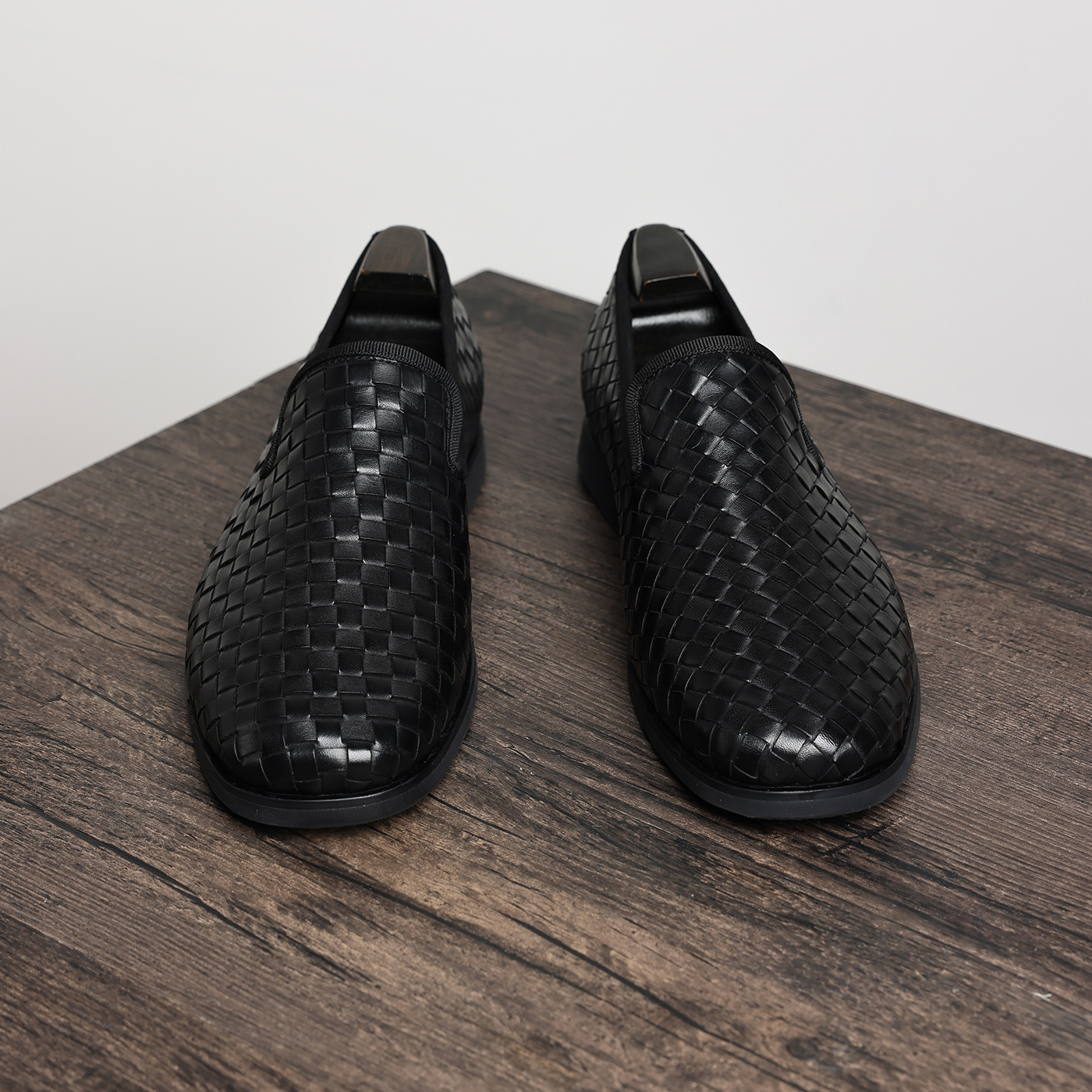 Men's Black Woven Leather Loafers Slip On Business Casual Dress Shoes Breathable Formal Office Shoes For Men