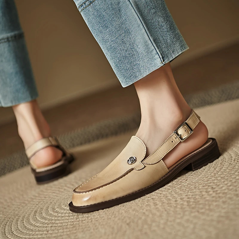 2026 Summer Women Cover Toe Sandals Genuine Leather Round Low Heels Fashion Retro Ladies Shoes Loafers 260514