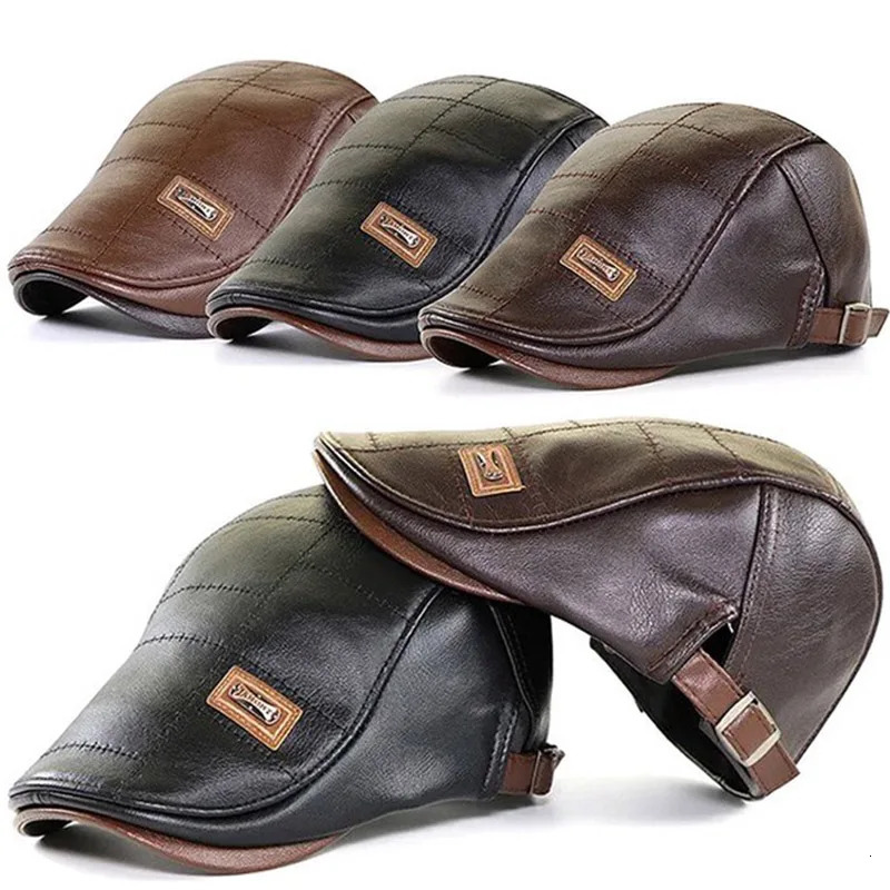 Men Fashion Retro PU Leather Beret Hats Autumn Winter Leather Beret Hat Middle-aged Mens Visor Warm Flat Peaked Cap Adjustable 260515