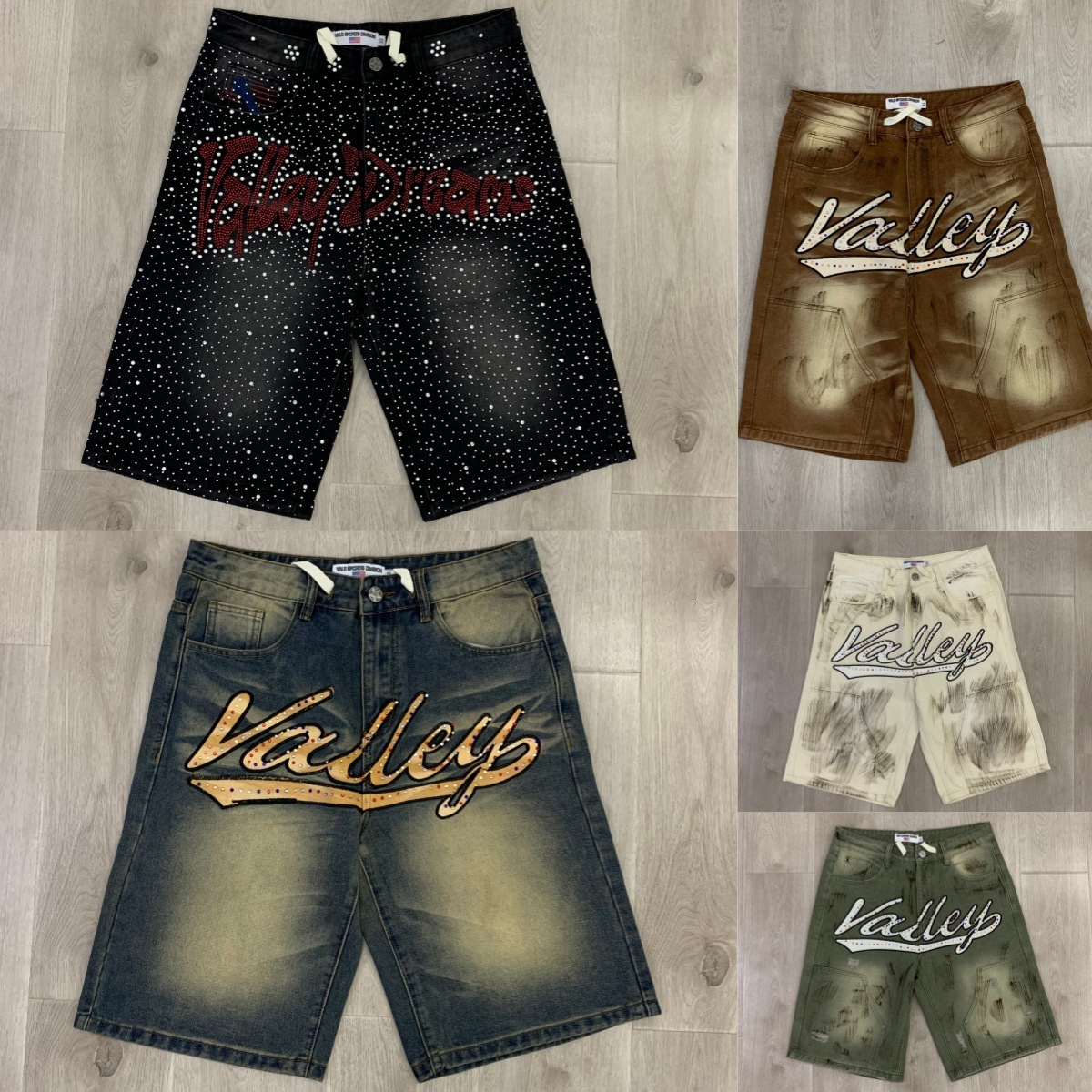 Designer American fashion brand Vale Valley letter embroidery, washed ink splatter sketch, rhinestone embellished, pure cotton straight denim shorts