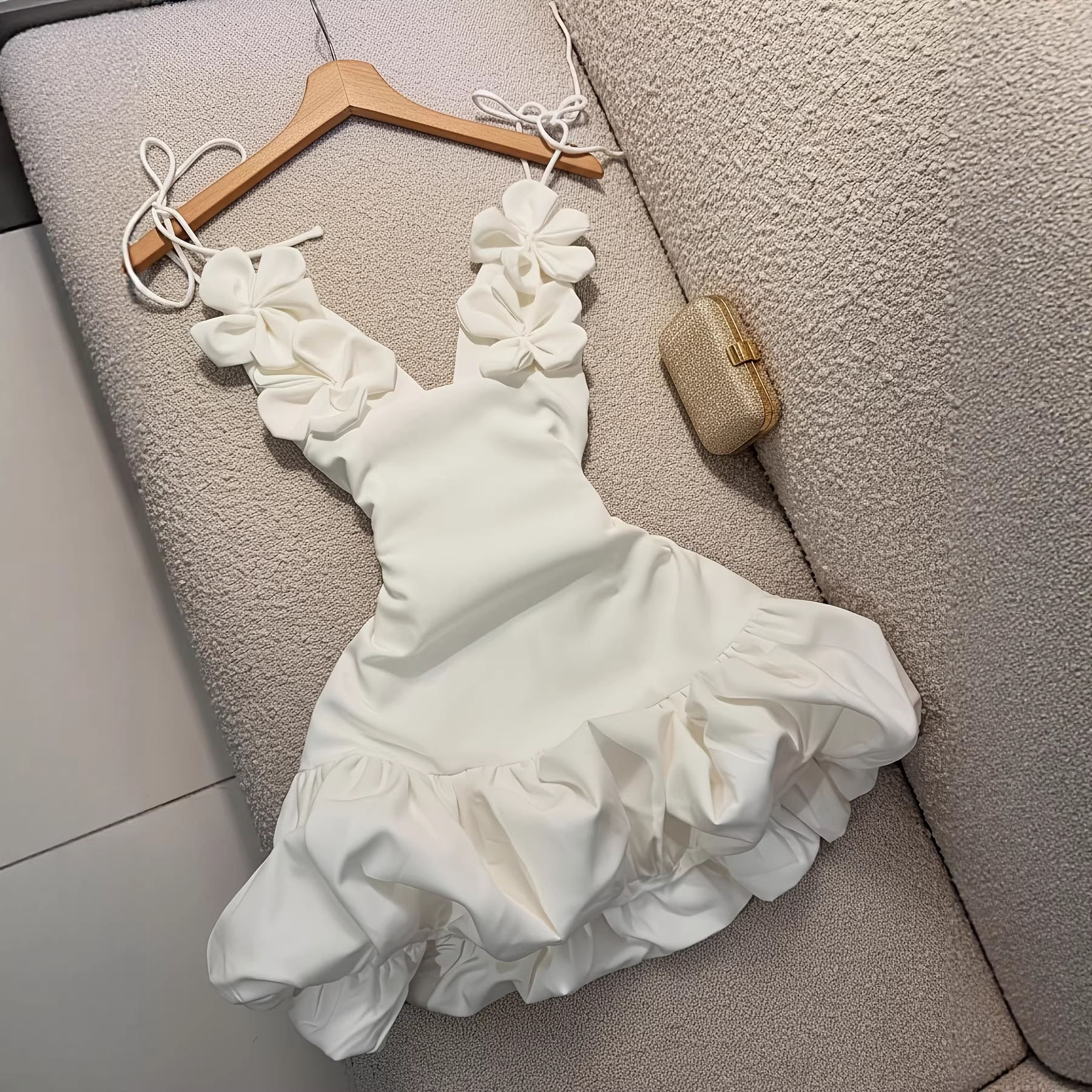 Dress For Women White Petal Shaped Strap Dress Elegant Floral Design Soft Comfortable Casual Outfit Perfect For Holiday Travel Beach Party Daily Gathe