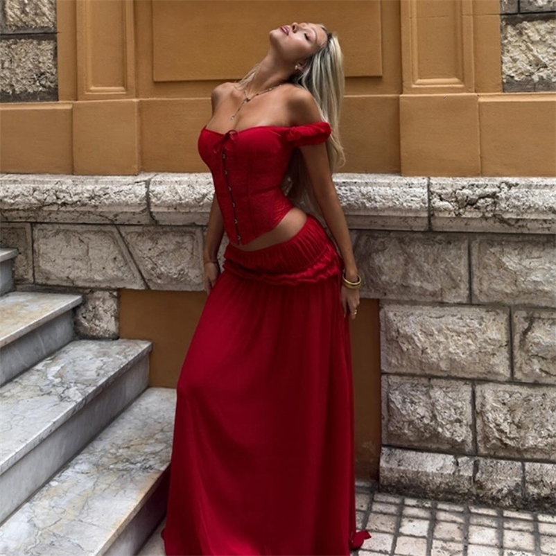 Elegant Boho Spanish Style Red Corset Two Piece Set Chic Boat Neck Off Shoulder Lace Crop Top Flowy Maxi Skirt Outfit 260513