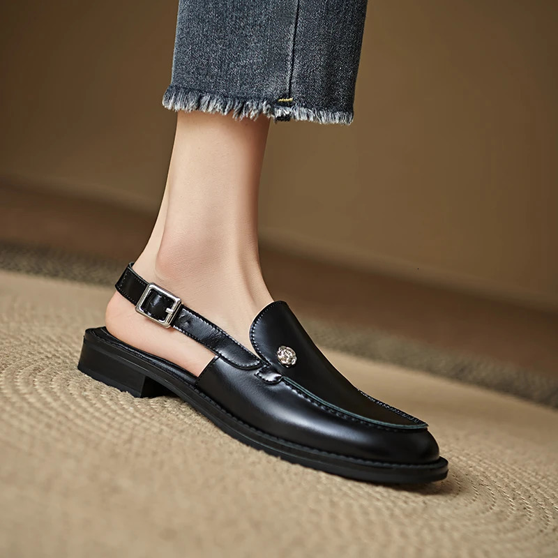 2026 Summer Women Cover Toe Sandals Genuine Leather Round Low Heels Fashion Retro Ladies Shoes Loafers 260514 - view 6
