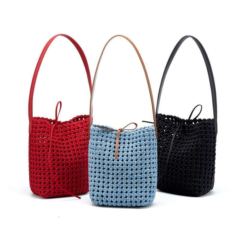 Casual Denim Mother Daughter Bucket Bag Hollow Handwoven Design Large Capacity Black Single Shoulder Handheld Commuter Women Bag SENYY
