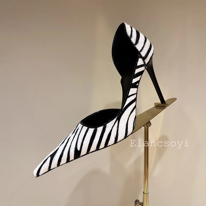 Pumps Womens Horsehair Zebra Pattern High Heels Shoes Shallow Mouth Pointed Toe Thin Single Sexy Commuter 260514 - view 5