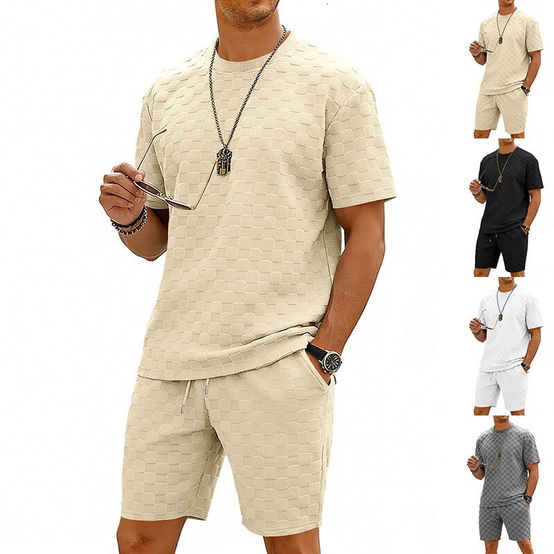 European And American 2026 New Summer Men's Sports Suit With Jacquard Designer T-shirt Checkered Pattern Hoodie And Polo Solid Color Short-sleeve Shorts Set