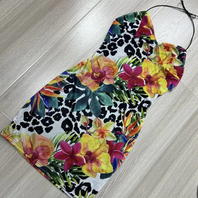 Womens Holiday Style Abstract Print Gauze V-neck Belted Butterfly Knot Vest Colorful Maxi Dress Neck Hanging Style 260514 - view 4