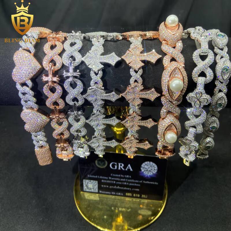 Various Designs Bangles Cuban Link Chains 925 Sterling Silver VVS Moissanite Bracelets Mens GRA