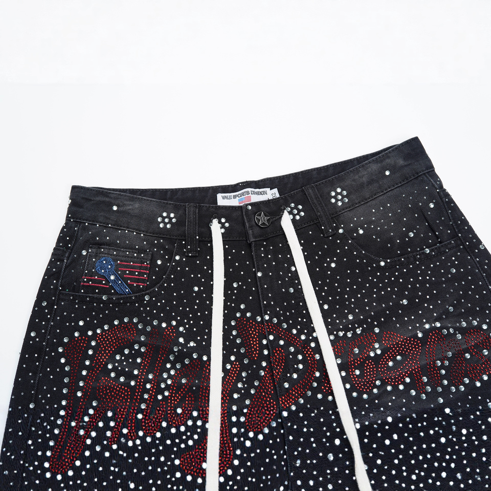 Designer American fashion brand Vale Valley letter embroidery, washed ink splatter sketch, rhinestone embellished, pure cotton straight denim shorts