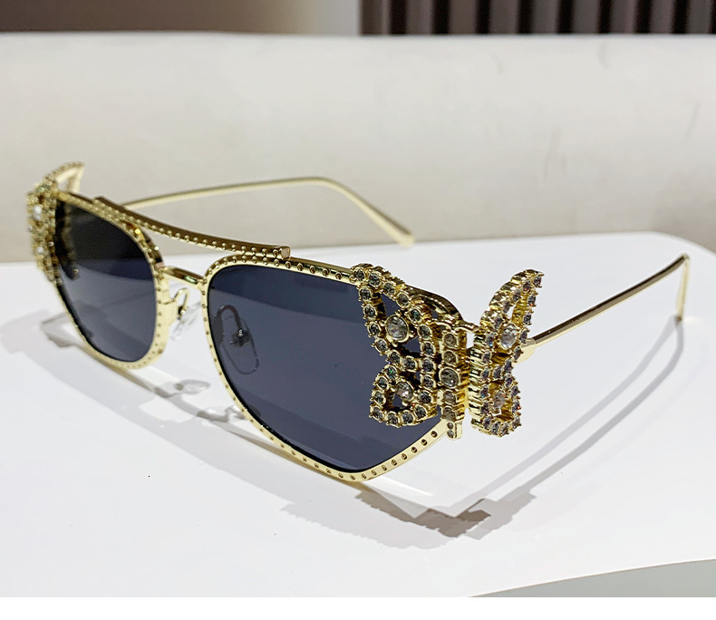 Luxury brands designer 2026 New Womens Trendy Double Bridge Sunglasses Butterfly Rhinestone Polygon Metal Frame UV400 Anti-UV Shades for Party Streetw