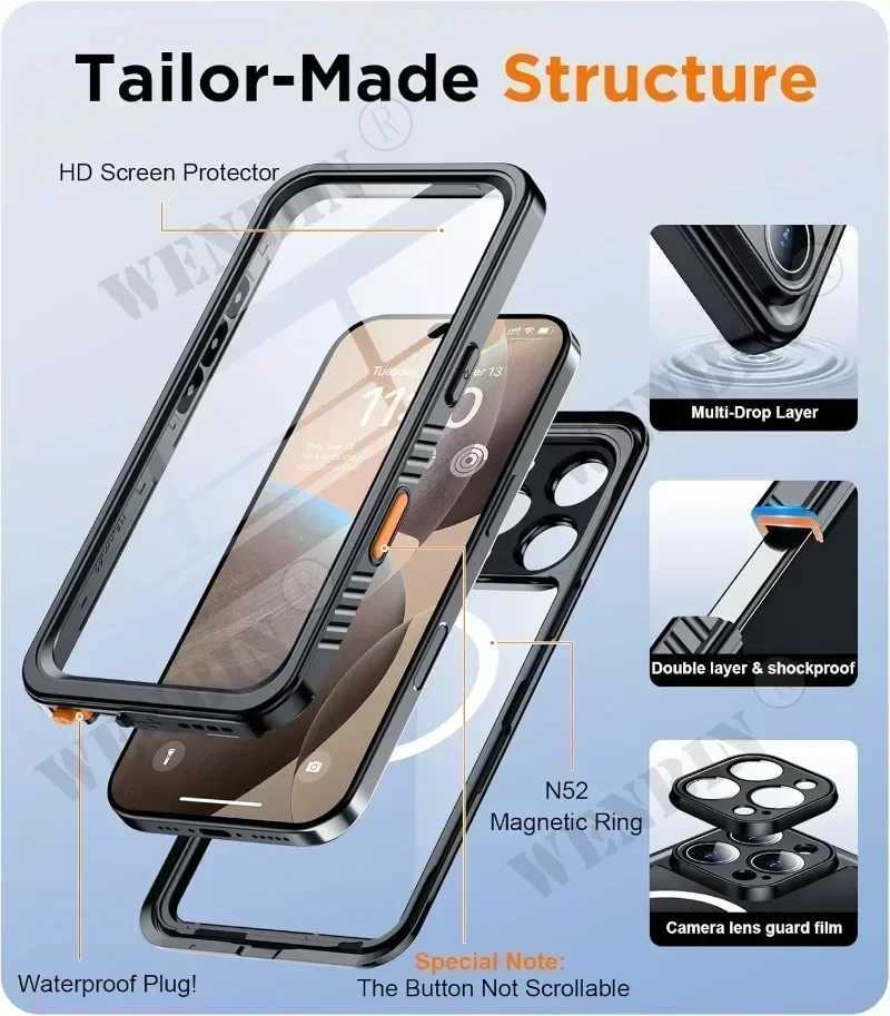 IP68 Waterproof Case For iPhone 17 16 15 Pro Max Plus Full Body Protective Cover Swim Underwater Diving Magnetic Fundas C260515