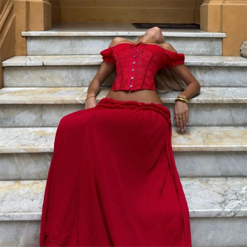 Elegant Boho Spanish Style Red Corset Two Piece Set Chic Boat Neck Off Shoulder Lace Crop Top Flowy Maxi Skirt Outfit 260513