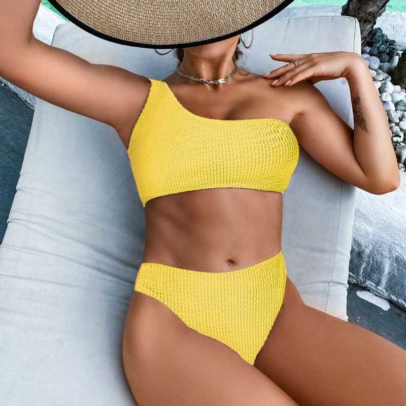 2022 Solid Color Snake Print One-Shoulder High-Waisted Bikini Sexy Swimsuit for Women QMAQ