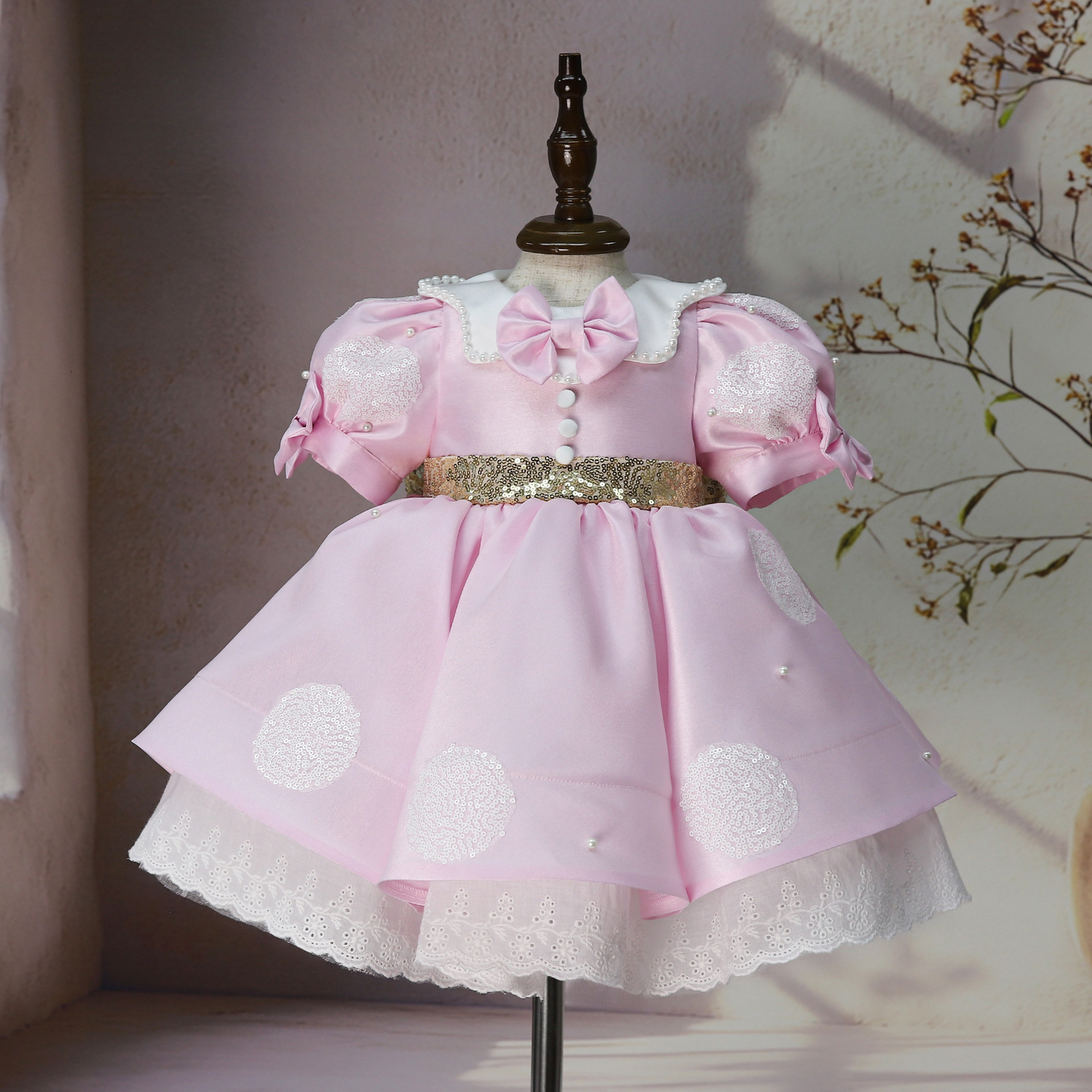 Flower Girl Dresses Pink Pearl Lace White Sequin Top With Gold Bow Belt Short Sleeve For Wedding Birthday First Communion Gowns 241015