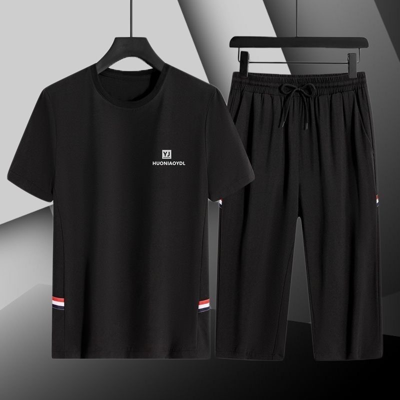 Men's Hoodie Ice Silk Casual Sports Suit Summer Loose Fit Designer T-shirt Large Size Quick-dry Breathable Short-sleeve Three-quarter Pants Polo Two-piece Set
