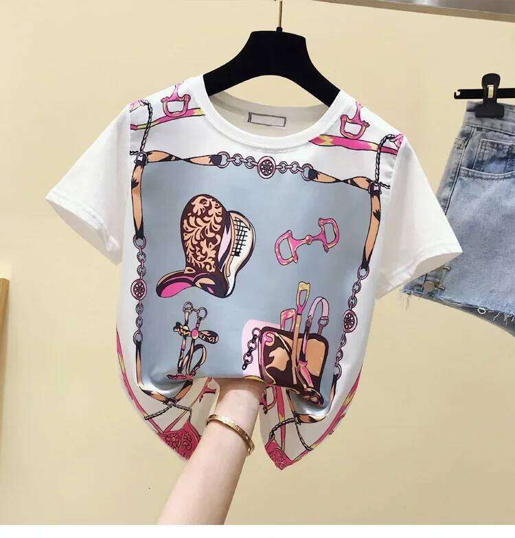 Spring Slim Fit Pure Cotton Round Neck Short Sleeve T Shirt Women Base Layer Loose Style Printed Pattern Casual Top
