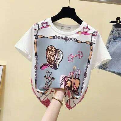 Spring Slim Fit Pure Cotton Round Neck Short Sleeve T Shirt Women Base Layer Loose Style Printed Pattern Casual Top