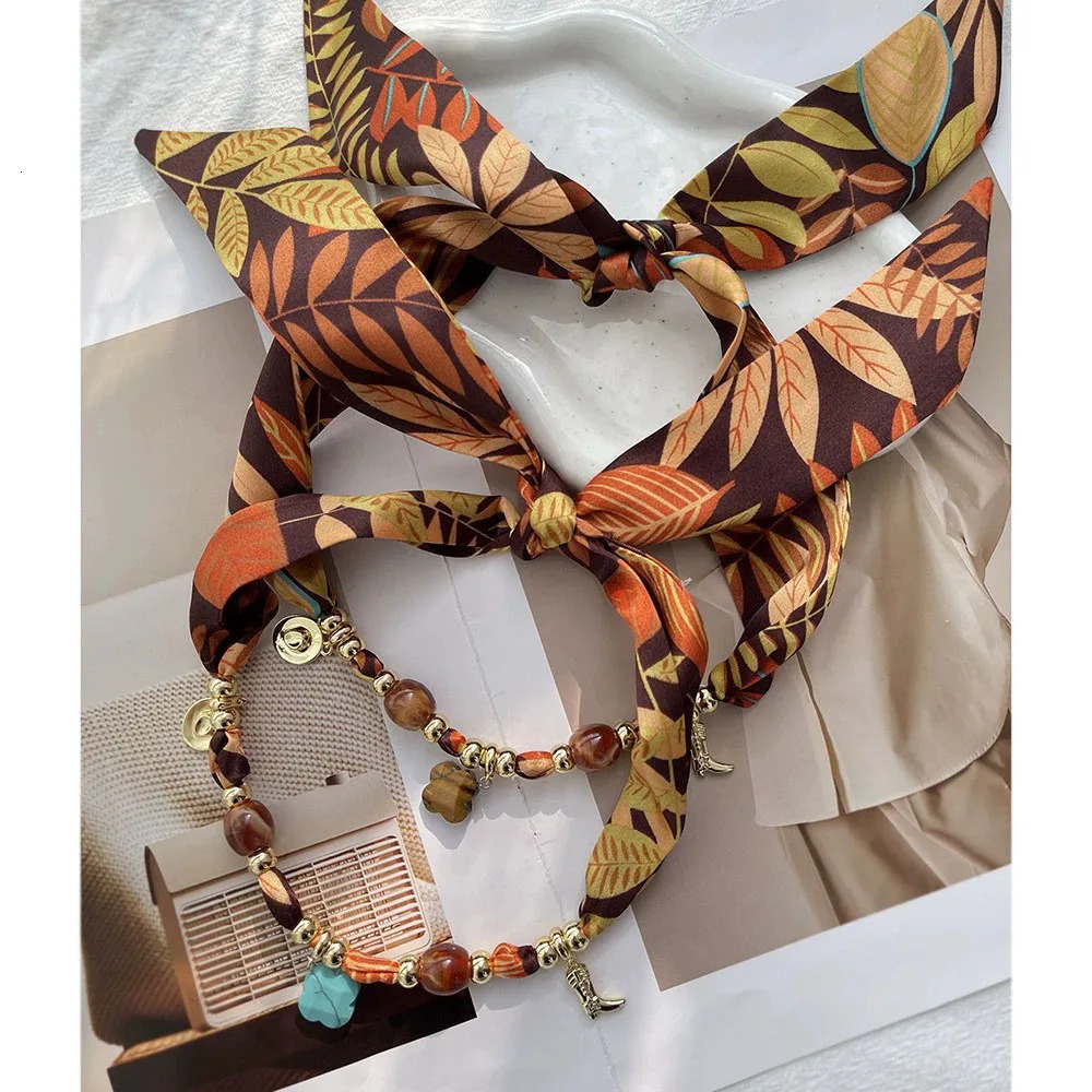 Copper Necklace Natural Stone Beaded Rope Chain Retro Multiple Pendants Silk Scarf Choker for Women Jewelry 260514