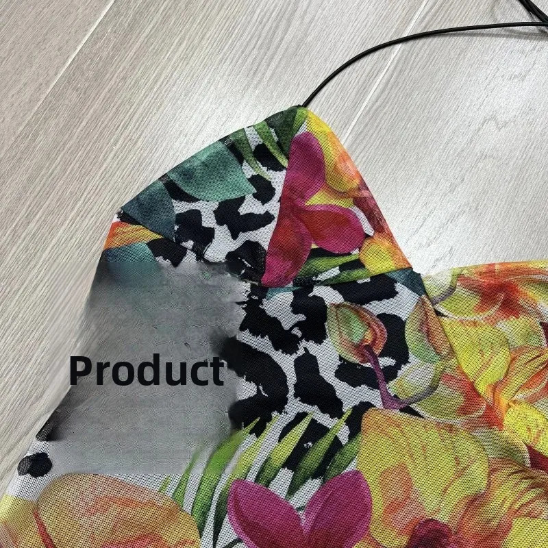 Womens Holiday Style Abstract Print Gauze V-neck Belted Butterfly Knot Vest Colorful Maxi Dress Neck Hanging Style 260514 - view 5