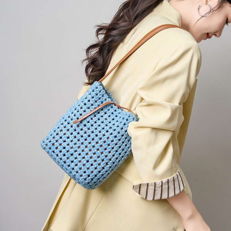Casual Denim Mother Daughter Bucket Bag Hollow Handwoven Design Large Capacity Black Single Shoulder Handheld Commuter Women Bag SENYY