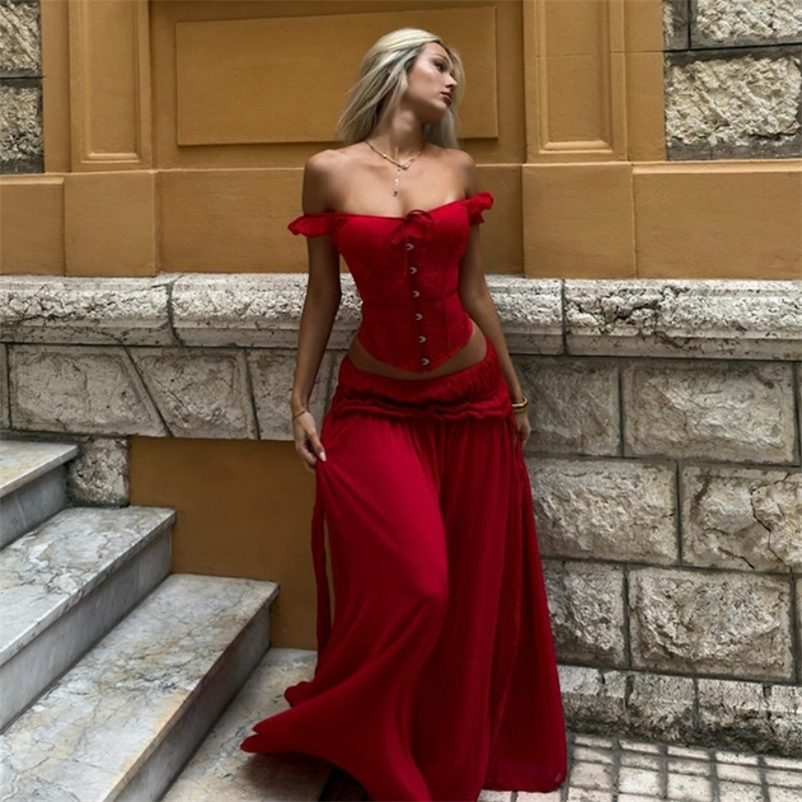 Elegant Boho Spanish Style Red Corset Two Piece Set Chic Boat Neck Off Shoulder Lace Crop Top Flowy Maxi Skirt Outfit 260513