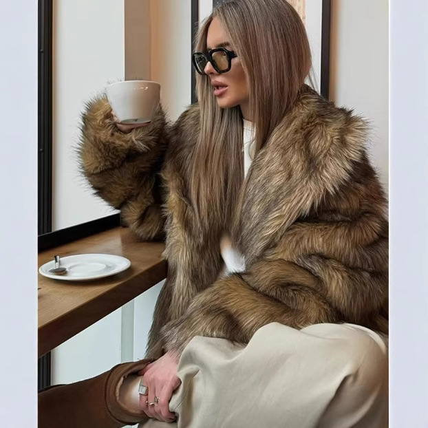 Women Chic Patchwork Faux Fur Jacket Fashion Lapel Long Sleeve Loose Lace Up Coat 2025 Winter Lady Warm High Street Outwear 250920