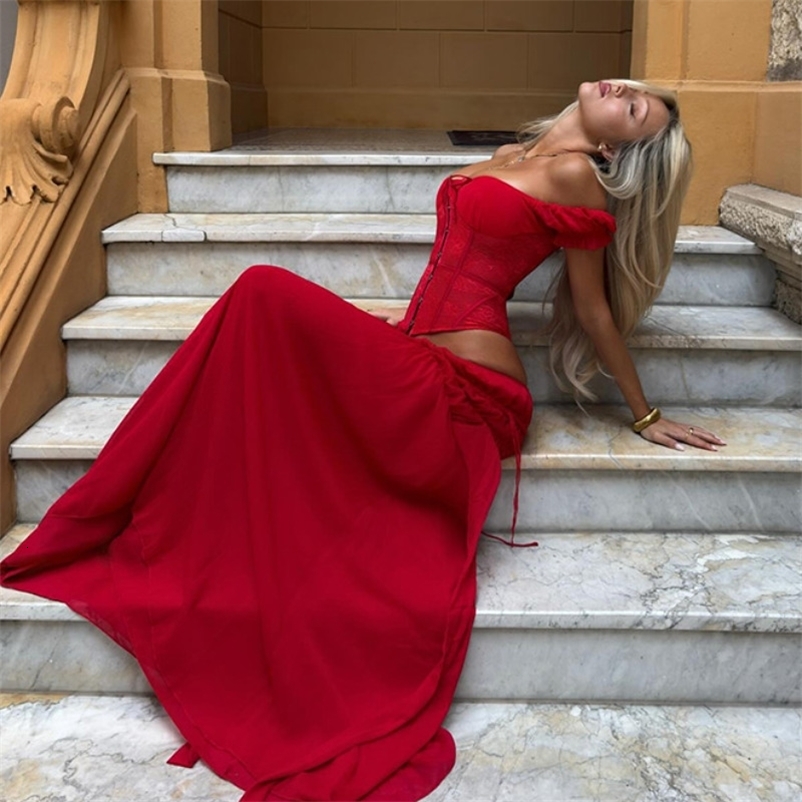 Elegant Boho Spanish Style Red Corset Two Piece Set Chic Boat Neck Off Shoulder Lace Crop Top Flowy Maxi Skirt Outfit 260513