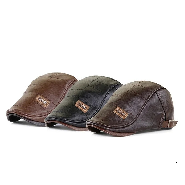 Men Fashion Retro PU Leather Beret Hats Autumn Winter Leather Beret Hat Middle-aged Mens Visor Warm Flat Peaked Cap Adjustable 260515