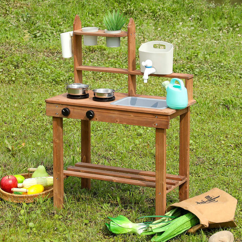 Wooden Kids Outdoor Mud Kitchen Playset (A/B Style) - Backyard Pretend Cooking Station with Sink & Accessories MSN24011