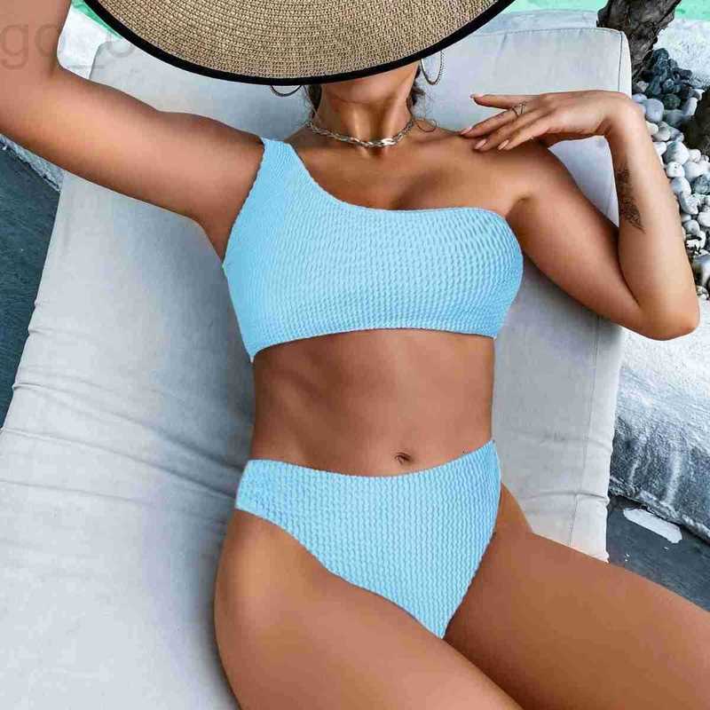2022 Solid Color Snake Print One-Shoulder High-Waisted Bikini Sexy Swimsuit for Women QMAQ