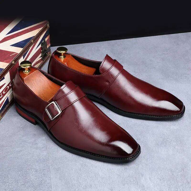 Men's Retro Casual Business Shoes Microfiber Leather Square Toe Slip-on Buckle Mens Dress Office Flats Men Wedding Party Oxfords