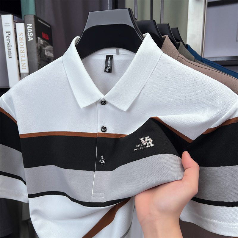 Summer Hoodie New Men's Short-sleeve Polo Shirt With Striped Color Blocking Fashionable Casual Commuter Top With A Turn-down Polo Designer T-shirt Collar Men's