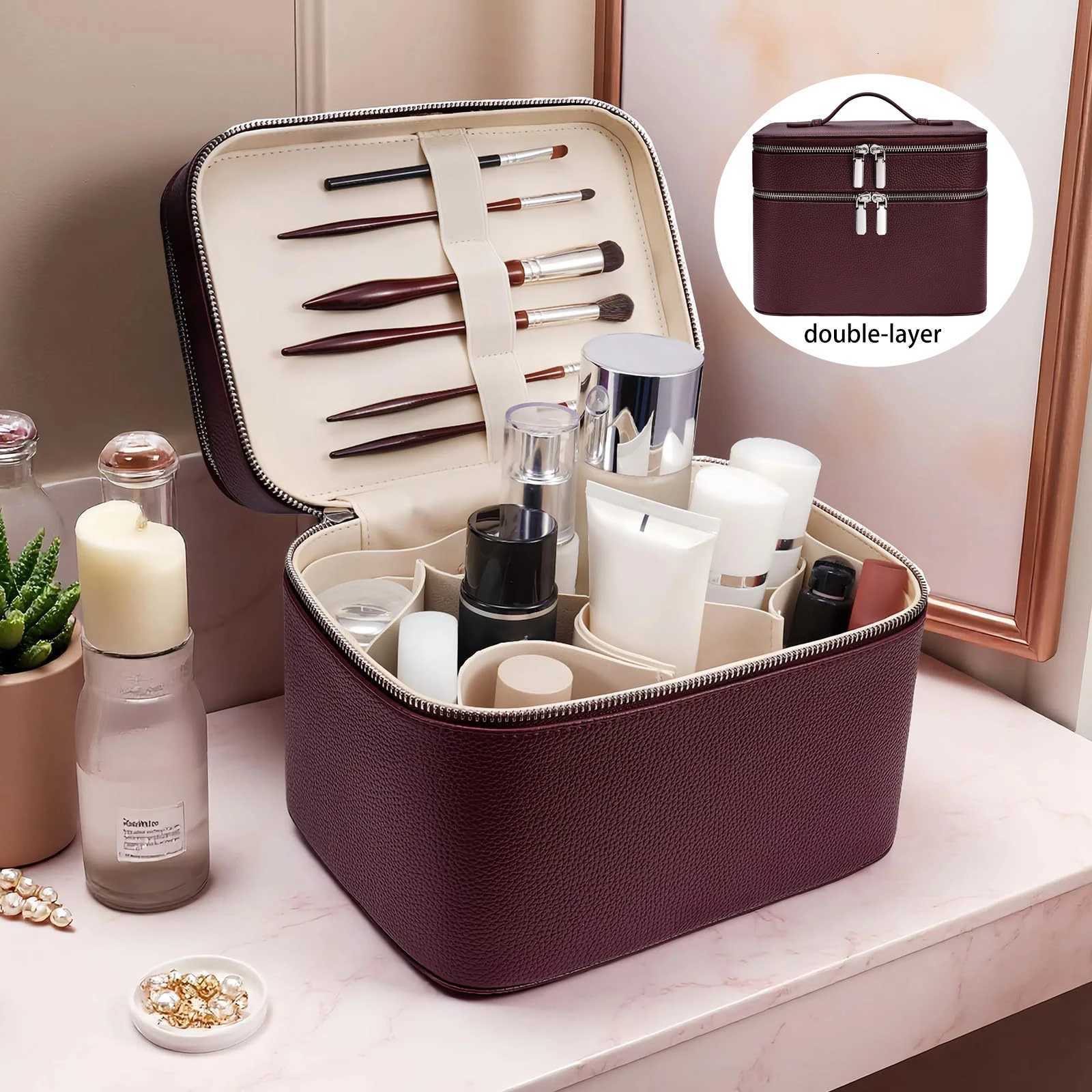 Double Layered Portable Professional Makeup Bag Skincare Tool Pack Beauty Eyelash PU Storage Box Multi Partition Cosmetic BagT250515 - view 3