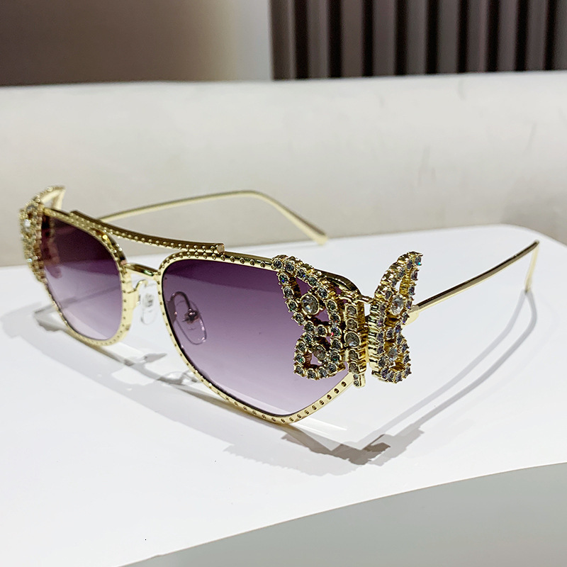 Luxury brands designer 2026 New Womens Trendy Double Bridge Sunglasses Butterfly Rhinestone Polygon Metal Frame UV400 Anti-UV Shades for Party Streetw