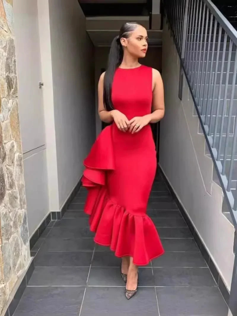 Chic Ruffle Bodycon Pencil Dress Womenss Midi Party Dresses Sleeveless Style Asymmetrical Ruffles Stretch Fabric Long 260515 - view 5