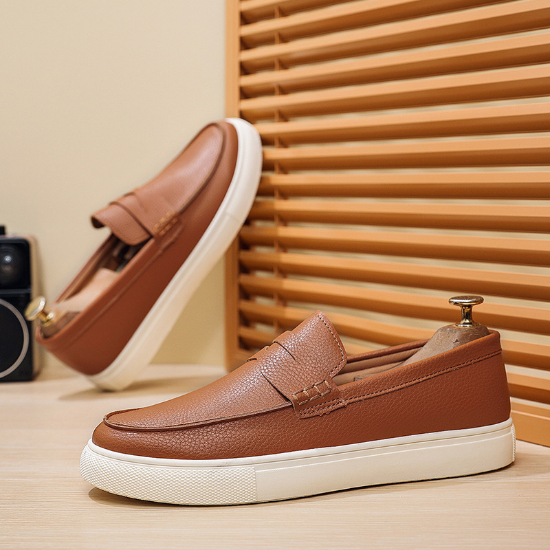Free shipping designer shoes Le Fu shoes round toe men's bean shoes men's shoes one foot soft soled casual leather shoes Lightweight