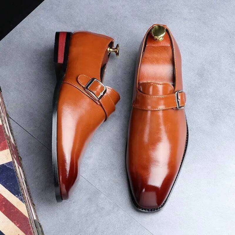 Men's Retro Casual Business Shoes Microfiber Leather Square Toe Slip-on Buckle Mens Dress Office Flats Men Wedding Party Oxfords