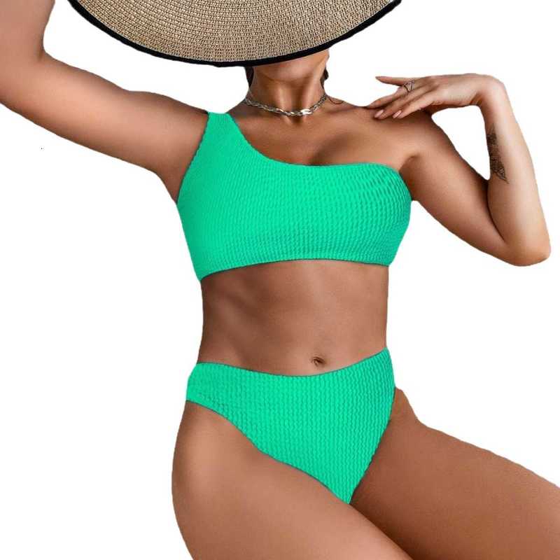 2022 Solid Color Snake Print One-Shoulder High-Waisted Bikini Sexy Swimsuit for Women QMAQ