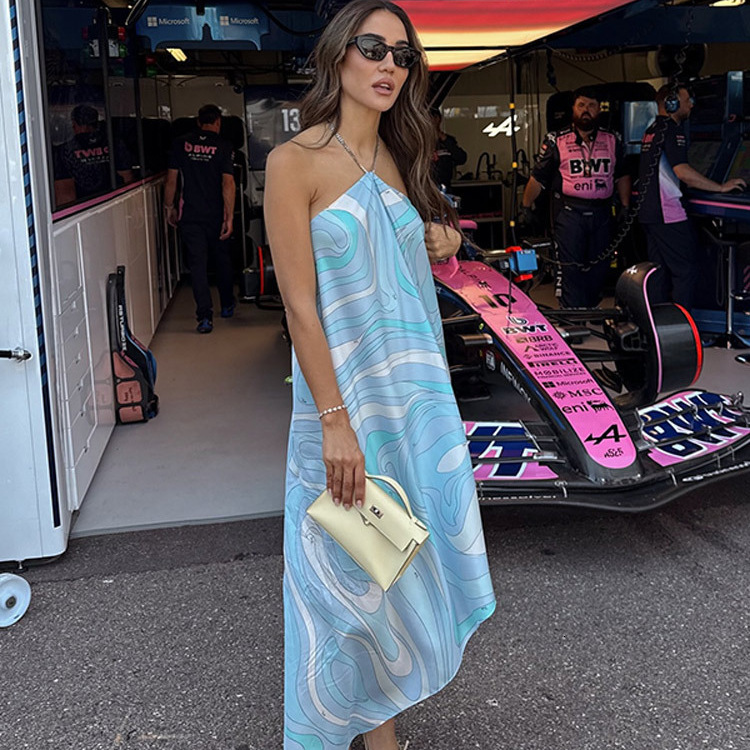 Designer 2026 European and American Style New Summer Vacation Print Halter Neck Long Dress