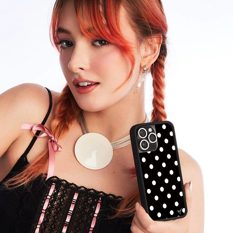 WildFlow black polka dot phone case compatible with iPhone 17 Apple 16 Pro Max/15 Plus protective cover