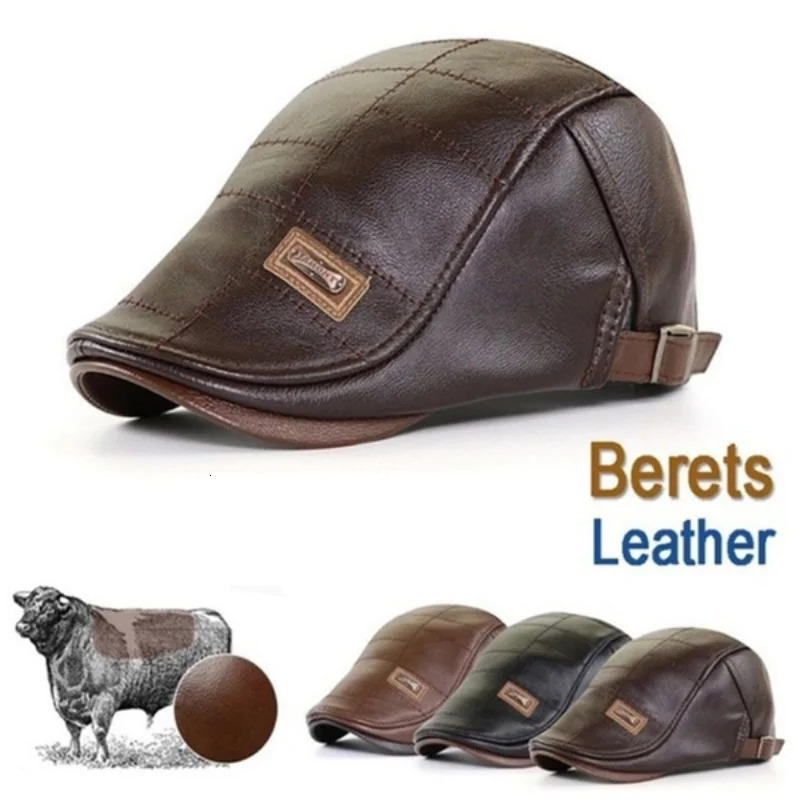 Men Fashion Retro PU Leather Beret Hats Autumn Winter Leather Beret Hat Middle-aged Mens Visor Warm Flat Peaked Cap Adjustable 260515