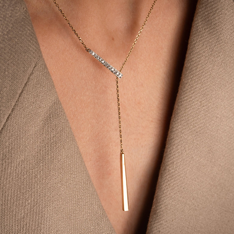 Minimalist Fashion Bicolor Lariat Necklace Designer Fine Jewelry 925 Sterling Silver Cubic Zirconia Vertical Bar Y Shape Drop Pendant Necklaces Women 