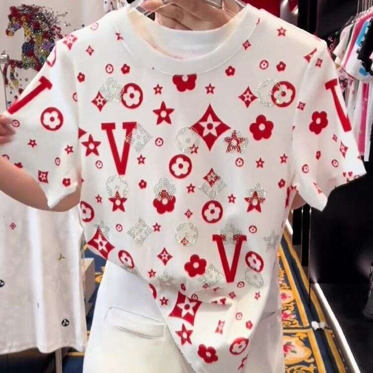 New Plus Size Trendy Brand Rhinestone Print Short Sleeve T-Shirt Women's Spring Summer Loose Fashion Style Top Asia Size