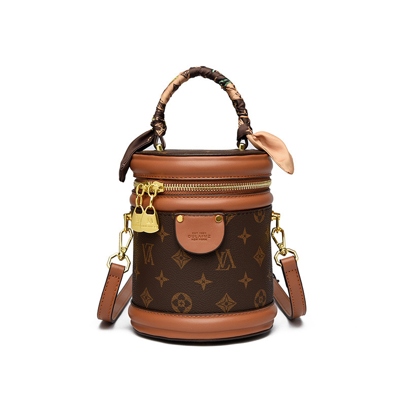 High-end women's bucket bag, vintage designer bag, new handbag cylindrical bag, retro printed shoulder crossbody bag, fashionable minimalist luxu - view 3
