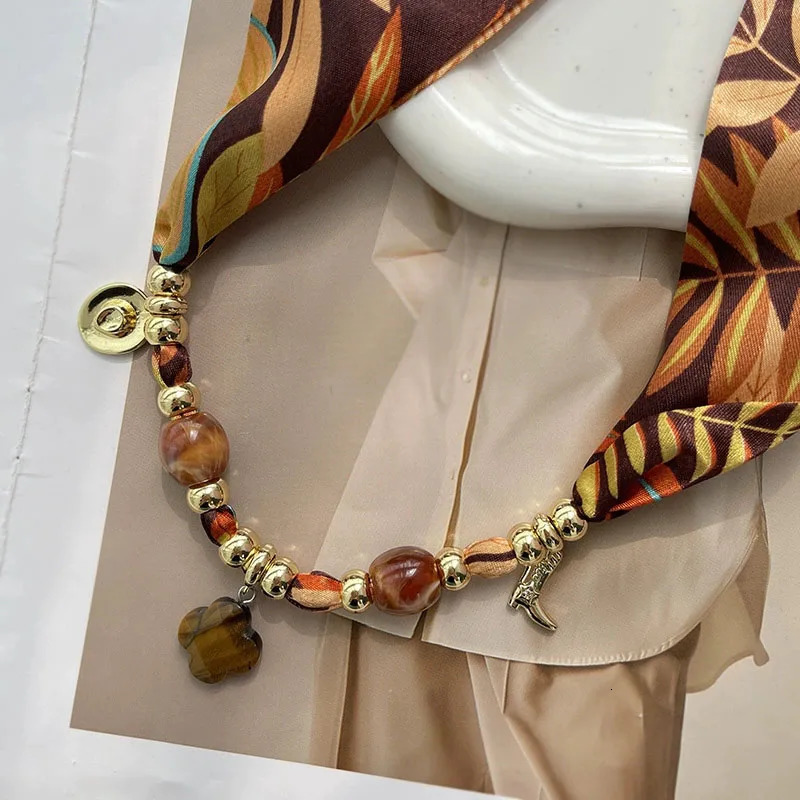 Copper Necklace Natural Stone Beaded Rope Chain Retro Multiple Pendants Silk Scarf Choker for Women Jewelry 260514