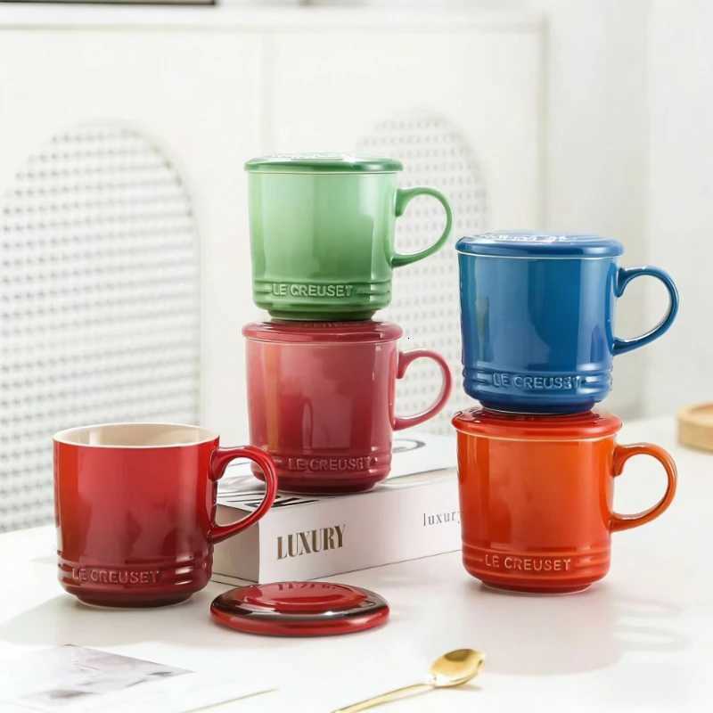 Le Creuset Style 12oz Orange Enamel Ceramic Mug with Lid for Coffee Tea Cocoa And Everyday UseJ260515
